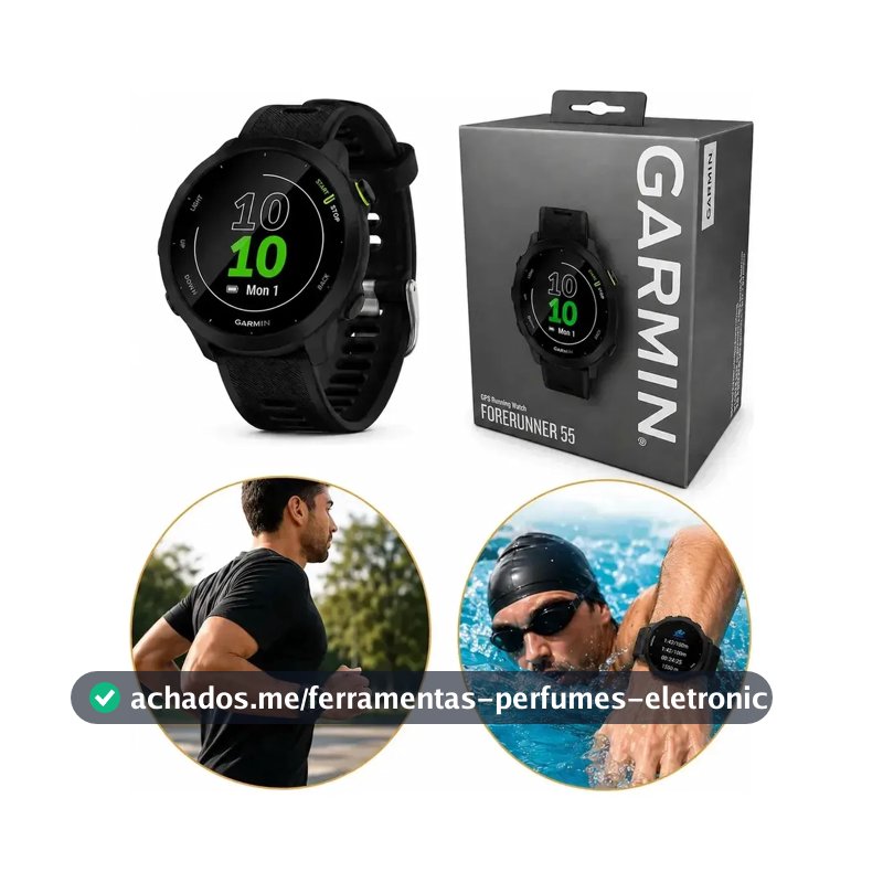Relógio Garmin Forerunner 55 Monitor Cardíaco Gps 42mm Preto Corrida Caminhada Ciclismo Natação Monitoramento Sono Pace Calorias Distância Cronômetro Resistente Leve Esportivo Unissex Com Gps Rápido