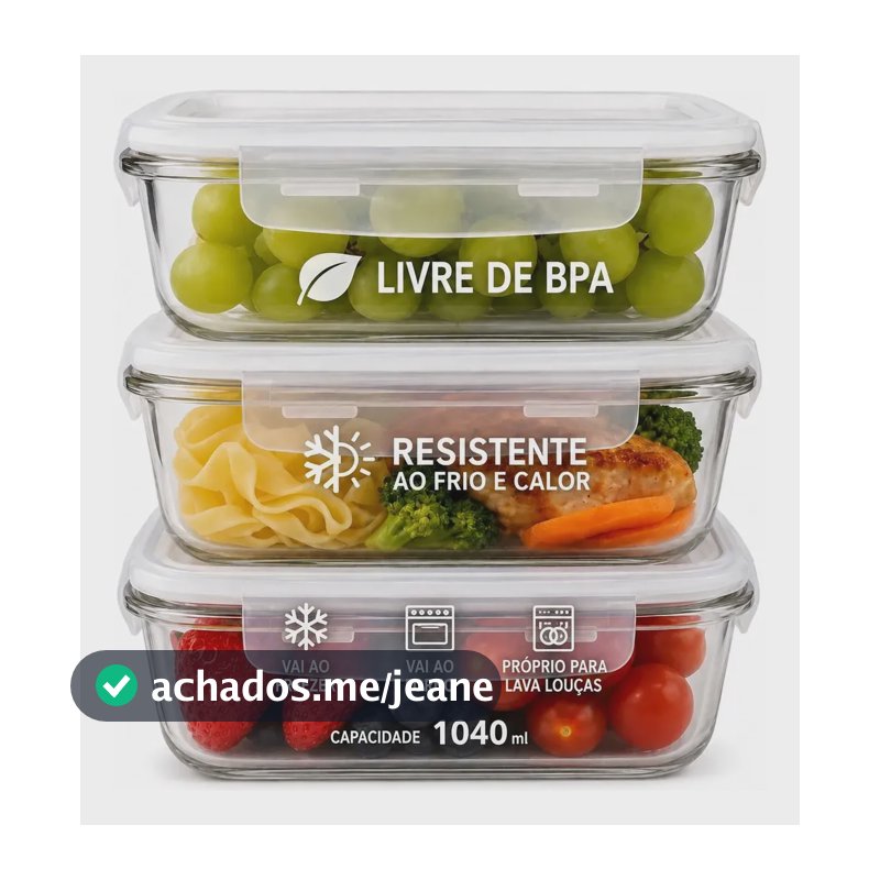 Kit 3 Potes Vidro 1040ml Hermético Marmita Forno Refratário Transparente