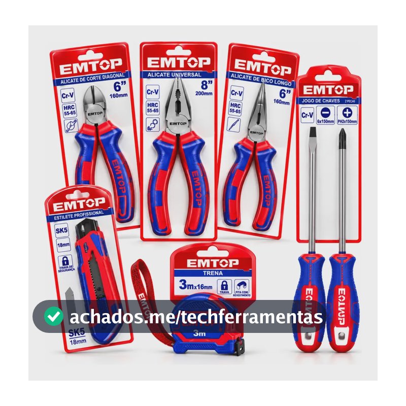 Kit 6 Ferramentas Emtop Alicates Chaves Estilete Trena Azul E Vermelho