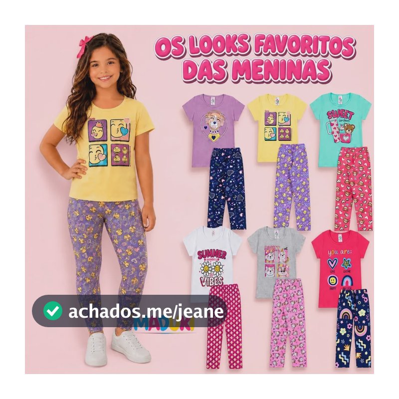 Kit 4 Peças Premium Infantil Menina Camiseta E Legging 1 -16 Sortidas 2 Camisetas + 2 Leggings Tamanho 2