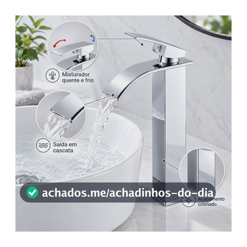 Torneira Monocomando para Cuba de Apoio Inox Cromada Bica Alta Cascata Água Quente e Fria