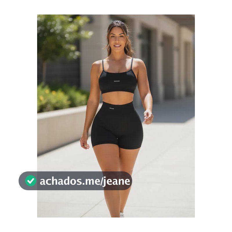Conjunto Fitness Virginia Top Shorts Meia Coxa Cintura Alta Preto Liso P