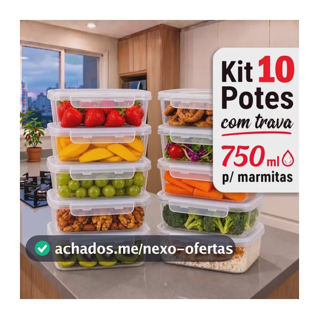 Kit 10 Potes 750ml Com Tampa Trava Plástico Transparente Para Mantimentos E Alimentos Marmita Organizador De Cozinha Geladeira E Freezer Jogo De Potes Para Organização Ponte Lar Utilidades