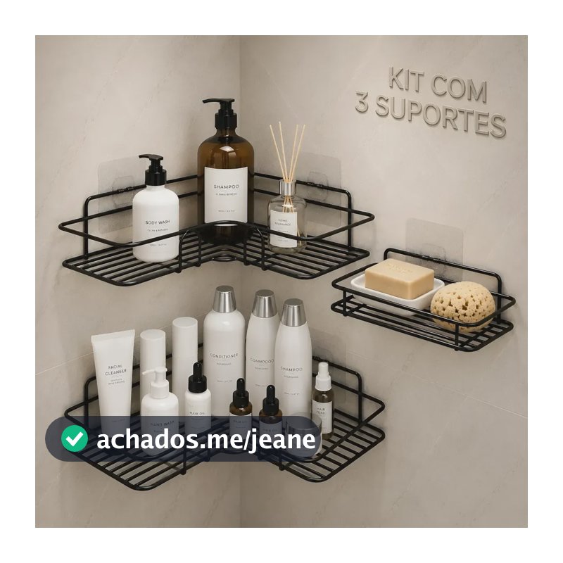 Suporte Organizador De Banheiro Canto Inox Ventosa Chuveiro Preto
