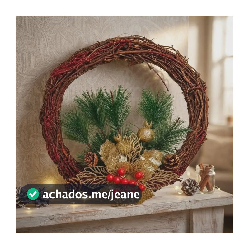 Guirlanda De Natal Decoração Porta 30 Cm Enfeite Natalino Dourado Com Vermelho