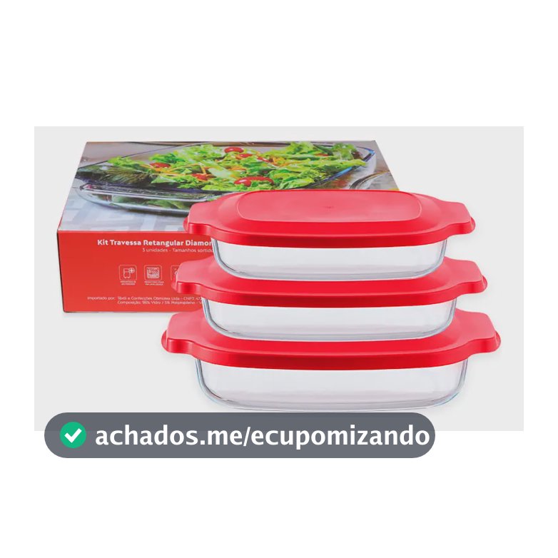 Kit 3 Travessas De Vidro Retangular C/tampa Diamond Transparente