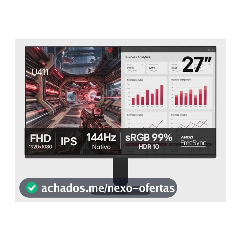 Monitor LG FHD Gamer & Office tela IPS 27”, 1ms (MBR), 144Hz Nativo, FreeSync, HDR10, sRGB, Modo leitura, Flicker Safe, HDMI, Black Stabilizer, Dynamic Action Sync, Preto - 27U411B