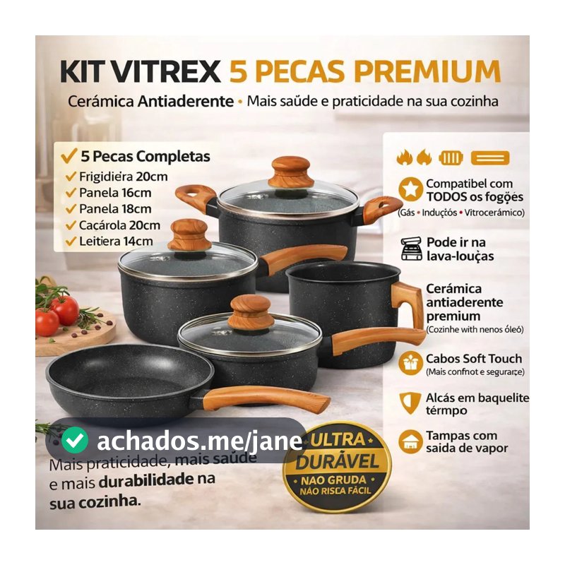 Jogo De Panelas Cerâmico Triplo Indução Vitrex Ecoglid 5 Peças Cor Preto Granito