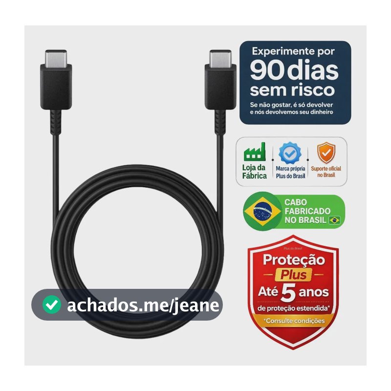 Plus do Brasil Cabo Usb C Carregador e Dados Turbo Tipo C Duplo Para Samsung S26 S25 Ultra S24 S23 Fe S22 S21 S20 Chromebook 4 Galaxy Book S Xiaomi Apple Iphone 17 16 15 Blindado Fabricado no Brasil