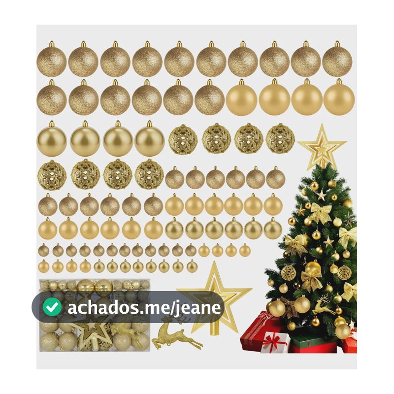 Kit 102 Bolas De Natal Ponteira Glitter Enfeite Topo Árvore Dourado