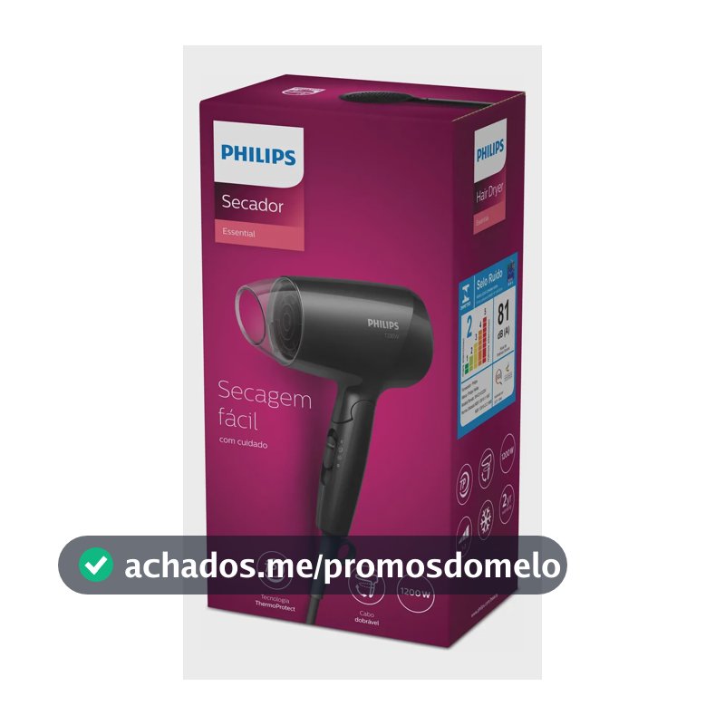 Philips Secador de Cabelo Essential 1200W Compacto com ThermoProtect Secagem prática e suave | Cabo dobrável para viagem | 3 ajustes de secagem | BHC010/81