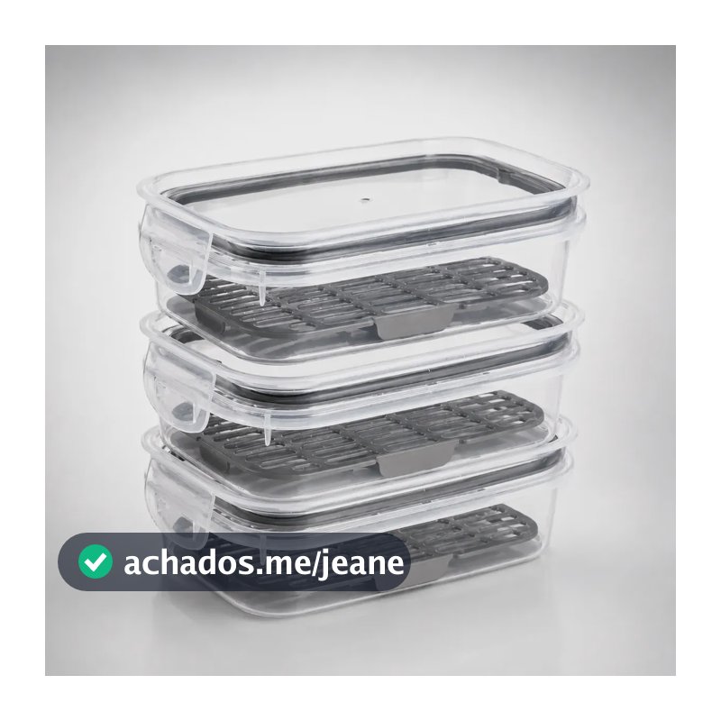 Kit 3 Potes Porta Frios Queijo Presunto Hermético Empilhavel Cinza