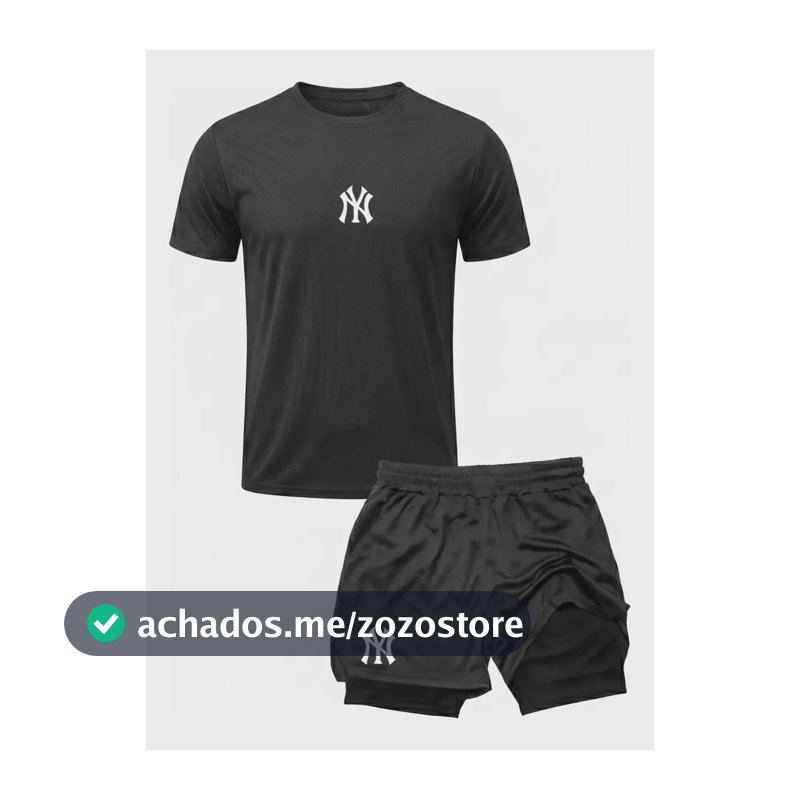 Conjunto Academia Camiseta Dry Fit + Short 2 Em 1 Símbolo Ny Preto Gg