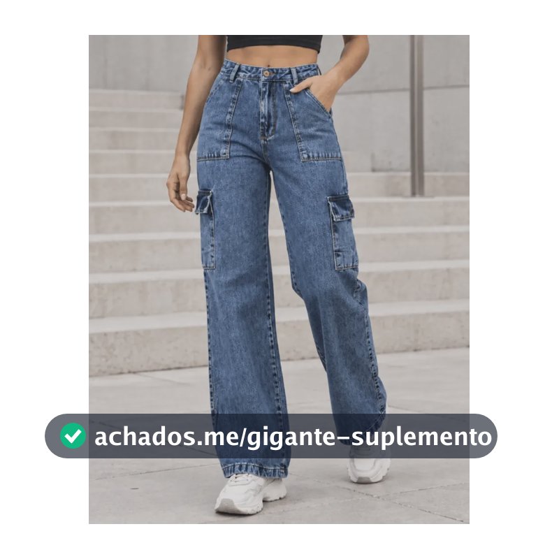 Calça Cargo Wide Leg Jeans Feminina Cintura Alta Bolsos Jeans Claro Liso 42