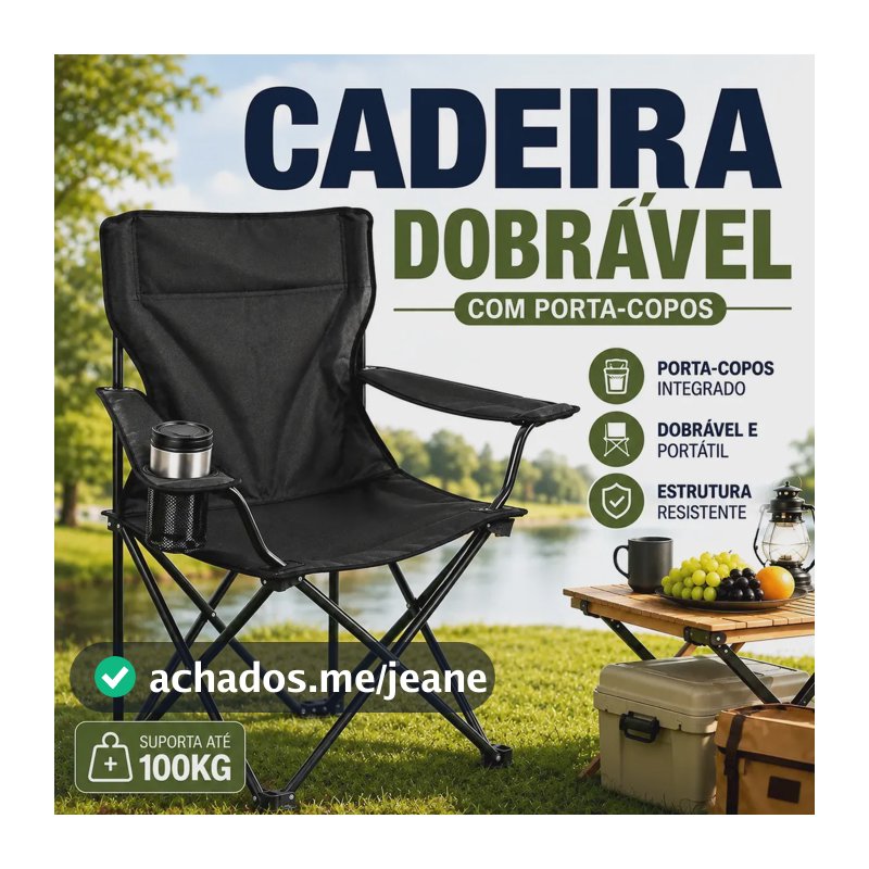 Cadeira Dobrável Camping Pesca Praia com Porta Copos e Bolsa Portátil Resistente em Aço Oxford Preta