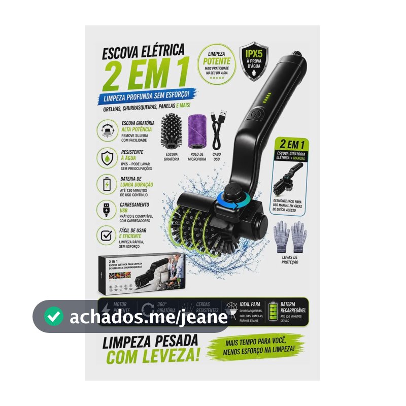 Escova Limpeza Eletrica Para Grelha Churrasqueira Sem Fio Preto