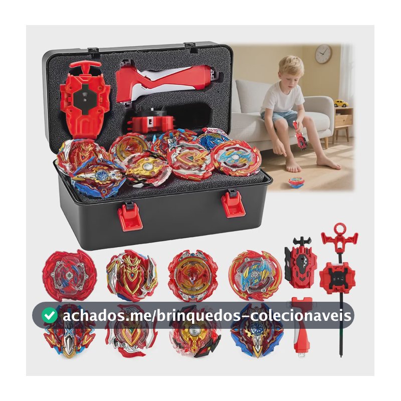 Kit Beyblade Com 8 Piões De Batalha, 2 Lançadores E Grip Vermelho