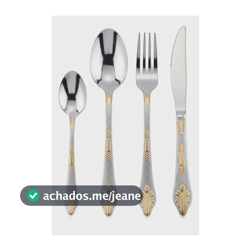 Jogo Talheres 36 Peças Aço Inox Luxo Com Detalhes Dourado Prata
