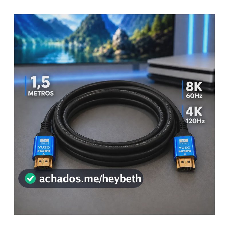 Cabo HDMI 2.1 8K 1,5 metros 4K 120fps PS5 Xbox Series X/S TV OLED 48Gbps Blindado Compatível com PS5 Xbox Series PC Gamer Notebook TV - YUSO