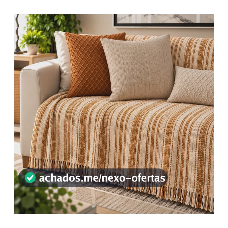 Manta Para Sofá  300 X 180 Super Grande Decorativa Luxuosa Caramelo C/ Cru Listrado Liso