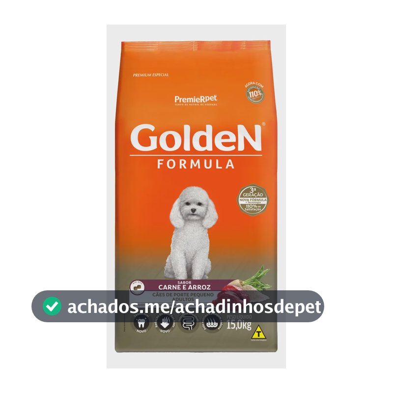 Ração Golden Fórmula Mini Bits para Cães Adultos de Pequeno Porte Sabor Carne e Arroz 15kg