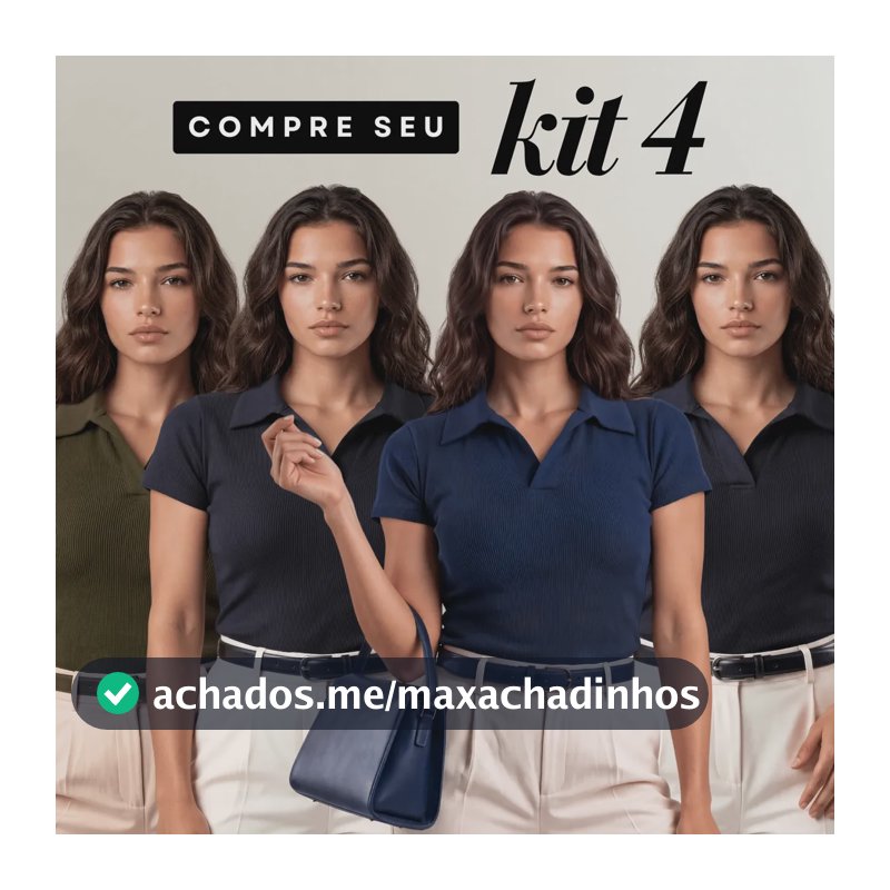 Kit 4 Camisa Gola Polo Feminina Canelada Manga Curta Lisa Dois Pretos Verde E Azul G/gg (44/48) Liso
