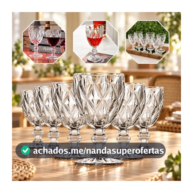 Jogo de 6 Taças Diamond Luxo em Vidro 330 mL para Vinho e Água Gostei!