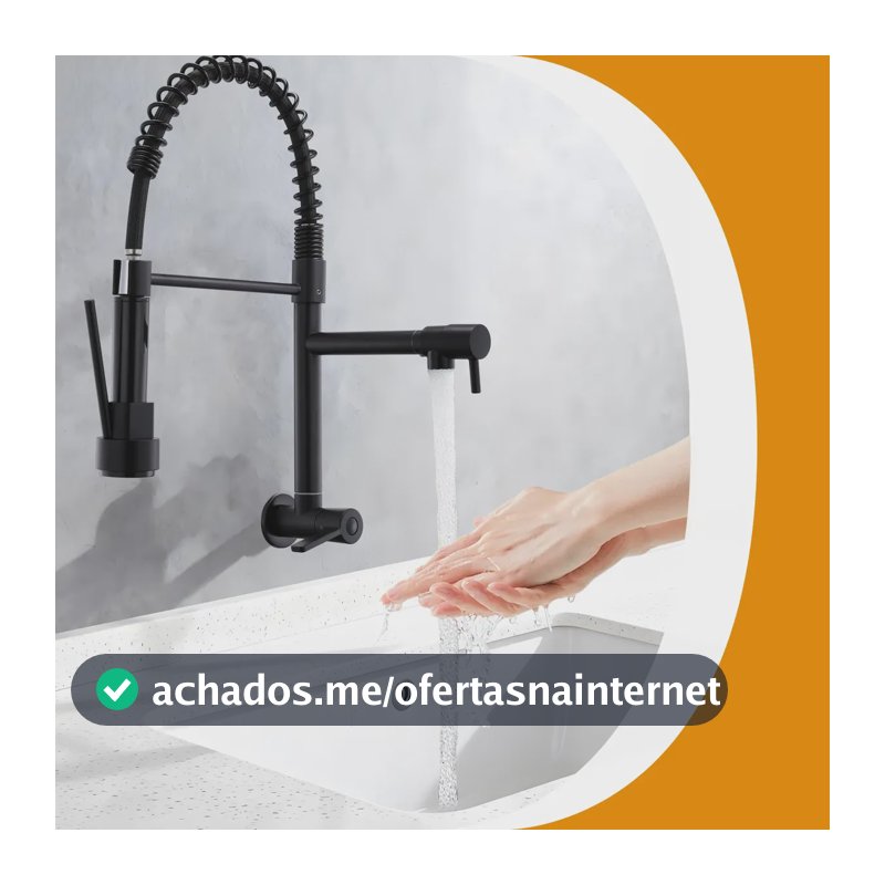 Torneira Gourmet Cozinha Mola Grande Flexível Luxo 360° Preto Parede