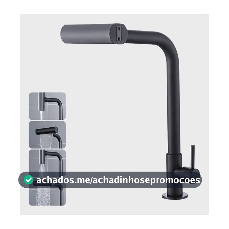 Torneira Cozinha Bancada Inox 304 Água Fria Bica Alta Gourmet 4 Modos De Água Estilo Cascata Torneira Pia Cozinha Moderna Flexível Cor Preto Premium Para Cuba Gourmet
