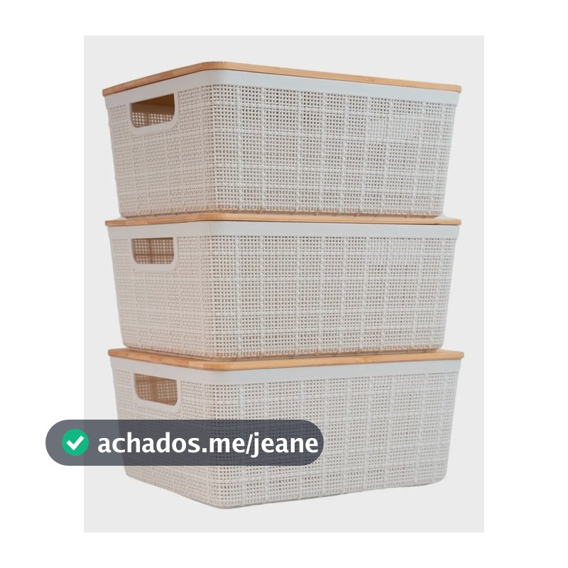 Kit 3 Caixas Organizadoras 4 Litros Brancas C/ Tampa Bambu Cor Branco