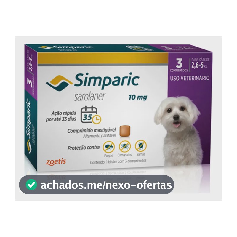Simparic 10mg C/ 3 Comprimidos Para Cães 2,6kg A 5kg Proteção Completa Antipulgas E Carrapatos