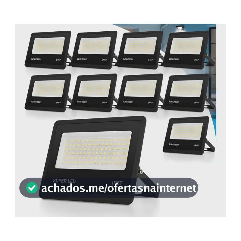 Kit 10 Refletor Led 300w Holofote Bivolt Ip67 Externas 6500k 127/220v Preto Branco-frio