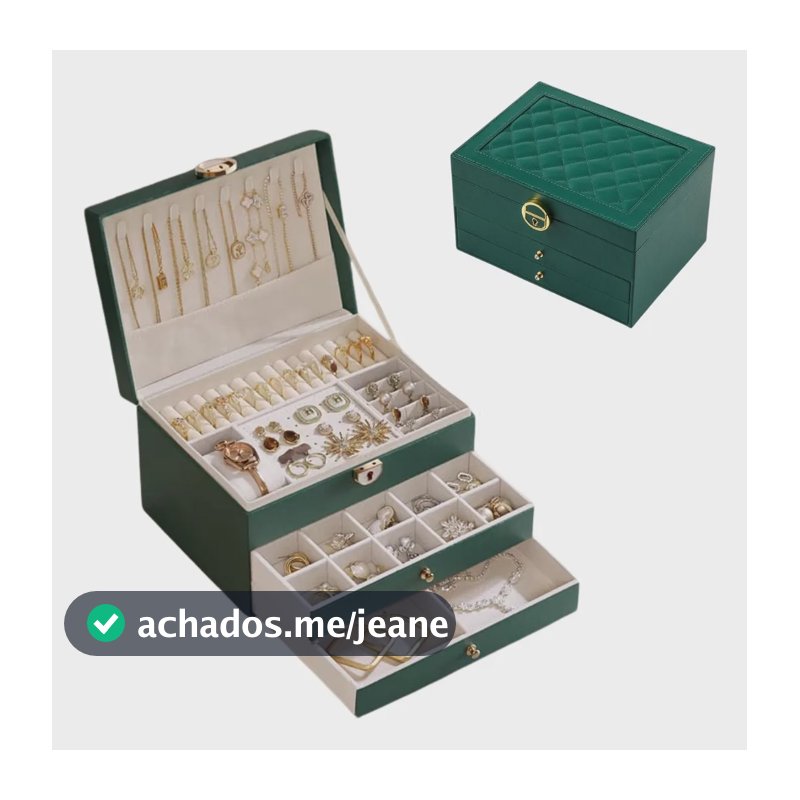 Porta Joias 3 Camadas Couro Caixa De Jóias Feminina Cor Verde