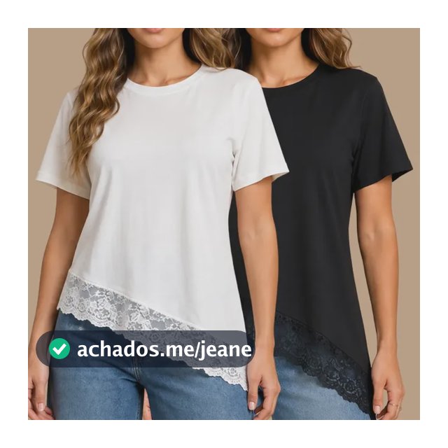 Kit 2 Blusa Feminina Elegante Assimétrica Renda T-shirt Preto/off-white Liso M (36-38)