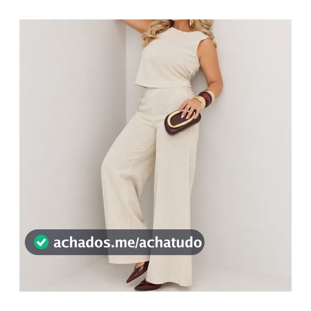 Conjunto Feminino Blusa Com Calça Pantalona Em Linho