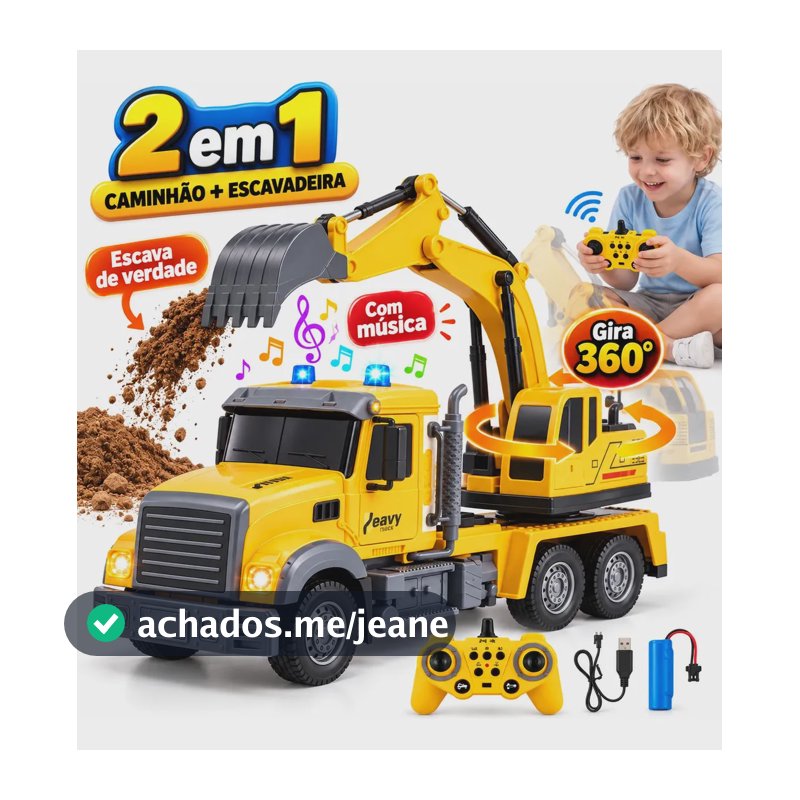 MoveBrinca Caminhão Com Escavadeira RC 11 Canais Escala 1:12, Controle Remoto 2.4GHz, Rotação 360°, Luzes E Sons Realistas, Braço Operacional Flexível,Bateria Recarregável,Material ABS E Liga Metálica