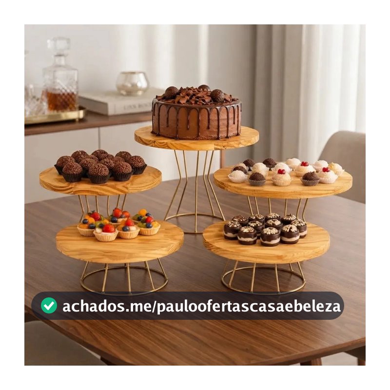 Kit Boleira Suporte Mesa 5 Peças Ferro E Madeira Dourado Festa Bolos
