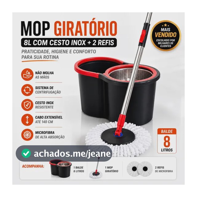 Mop Giratório 360° com Balde Centrífuga 8L Cesto Inox Cabo Longo 1,40m 2 Refis Microfibra Esfregão (Inclui Mop de Reposição)
