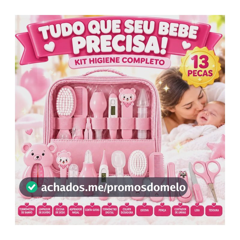 Kit Higiene Cuidados Bebê Rosa Recém Nascido Completo 13 Peças Bolsa Maternidade Termômetro Digital Aspirador Nasal Escova Pente Cortador De Unha Azul Menino Chá De Bebê Presente Louis Riel Acustico