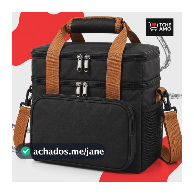 Bolsa Térmica Marmita Lancheira Alça Transversal Ajustável Removível Alça de mão reforçada 2 Compartimentos Organiza Conserva Seus Alimentos Quente ou Frio Cor Preto Tche Amo