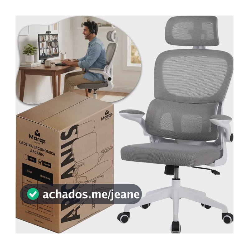 Cadeira Escritório Presidente Ergonômica NR17 Marqs Home Arcanis Cinza com Apoio Lombar e Encosto Mesh Premium