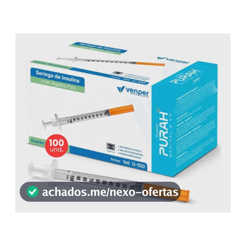 Seringa Insulina 1 ml Agulha Fixa Ultrafina 0,30mmx8mm Venper 100 Unidades
