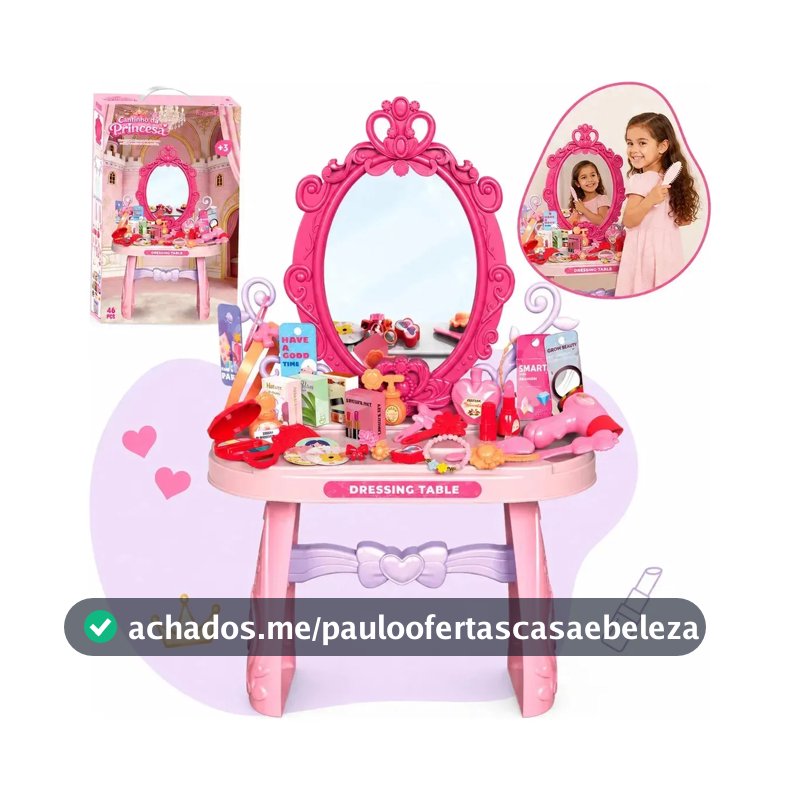 Penteadeira Infantil Princesa Completa Espelho Real Acessórios Brinquedo Menina Faz De Conta Criatividade Coordenação Motora Plástico Resistente 46 Peças Kizumba Cor Rosa