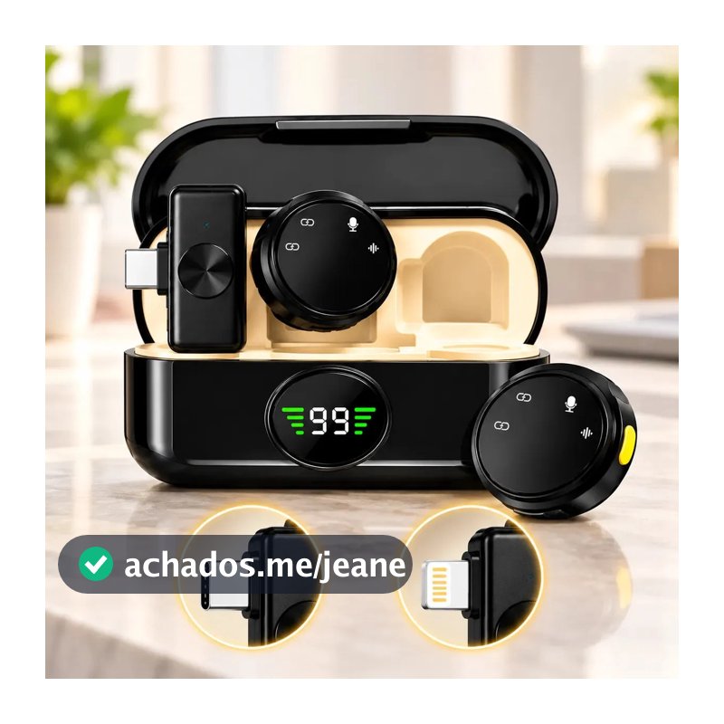 Microfone de Lapela Sem Fio Duplo Magnético Anti Ruído Tipo-C Lightning iOS Android para iPhone Samsung Motorola Xiaomi com Case de Carregamento