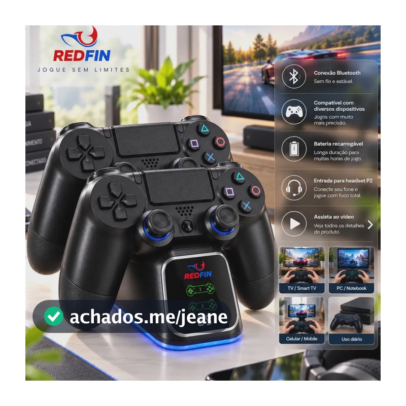 Kit 2 Controles Para Ps4 + Base Carregador Para 2 Controles Compatível Sem Fio - Tv Samsung Pc P4 Ps 4 Bluetooth Manete Gamer Tv Smart Celular Headset P2 Cor Preto Marca Redfin