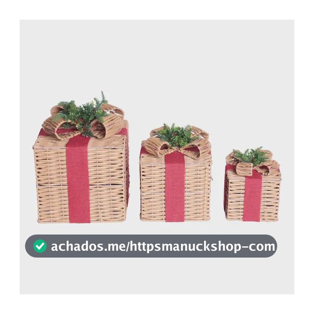 Enfeite Natal Caixa Decorativa Jogo 3 Peças Laço Cru 25cm