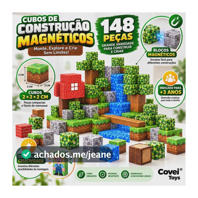 Kit 148 Blocos Imã Magnéticos Construção Montar Empilhamento Cubo Infantil Brinquedo Educativo Covei Toys