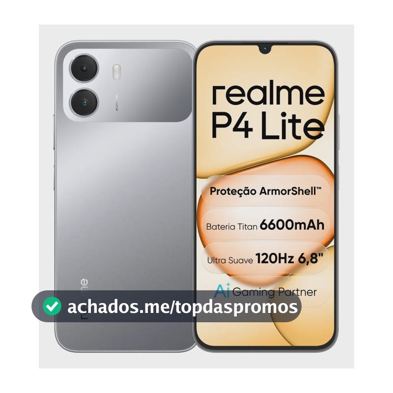 Celular Smartphone realme P4 Lite 128GB 4GB Ram (+6gb ram virtual boost) Dual Sim, Bateria Titan 6600mAh, chipset octa-core, Tela 6,8" 120Hz, Proteção ArmorShell, AI Gaming Partner, Cinza