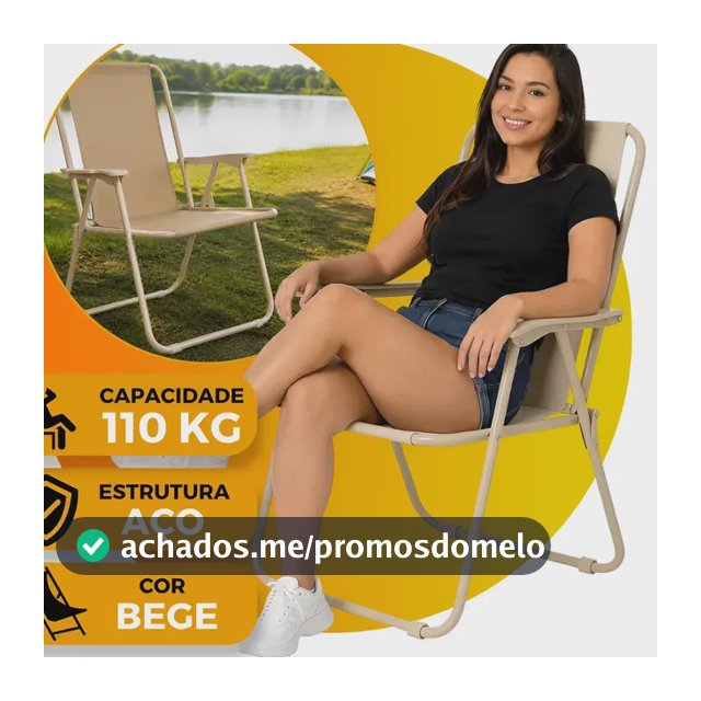 Cadeira De Praia Camping Dobrável Alta  110kg Aço Portátil Bege