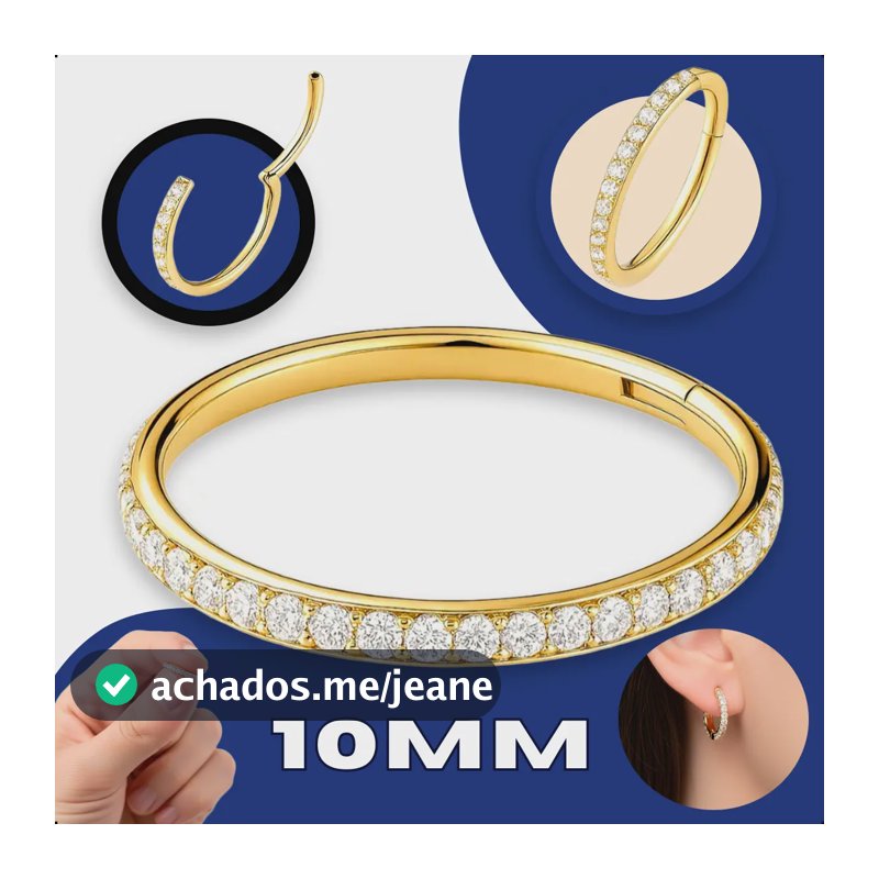 Piercing Titânio Argola Click Cravejada 10mm Dourado Addiesdive®